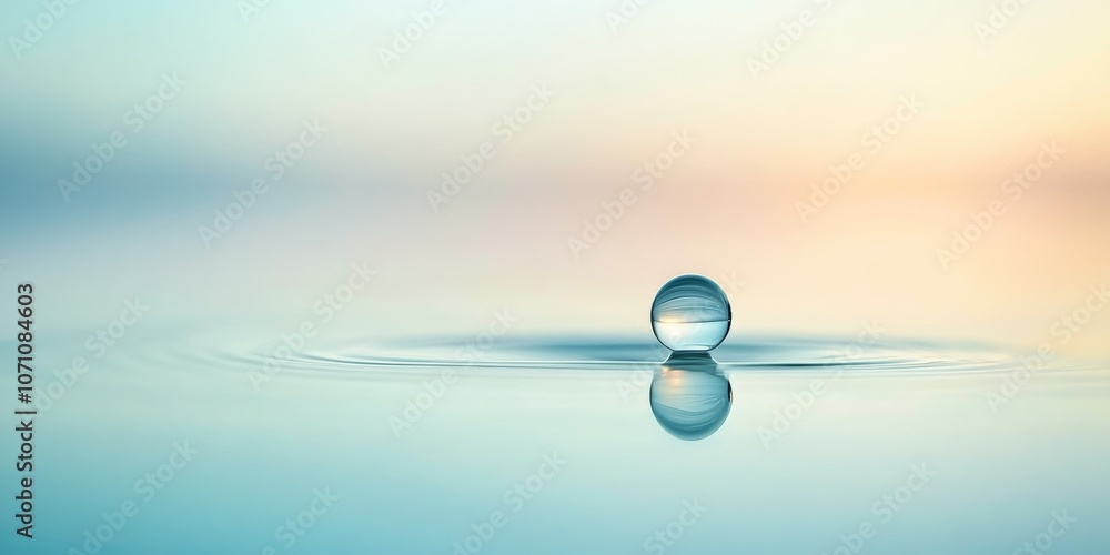 Poster a macro shot of a single water droplet resting on a flat, smooth surface with delicate reflections, 