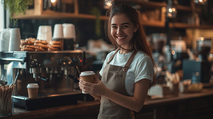 Friendly Barista in Apron Holding Coffee Cup with Cozy Café Background Filled with Pastries and Coffee Machines
