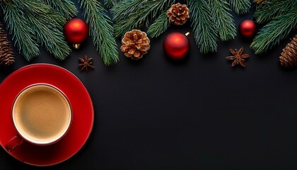 Illustrated mockup, Christmas theme, a red cup of coffee, with free copy space for text. Black background, fir tree branches on the upper side, red christmas balls.