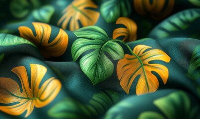 Naklejka premium 3D tropical leaf pattern on fabric with bright green and yellow hues, ideal for summer apparel