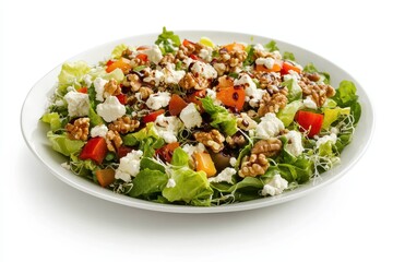 Salad with crumbled goat cheese mixed lettuce sprouts halved California walnuts balsamic dressing and a white plate against a white backdrop