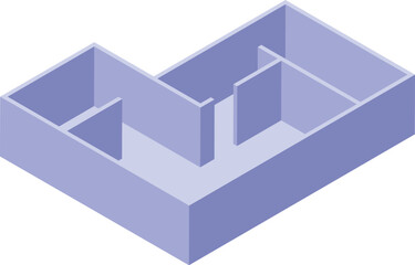 Isometric view of an empty apartment layout showing walls, rooms, and doorways