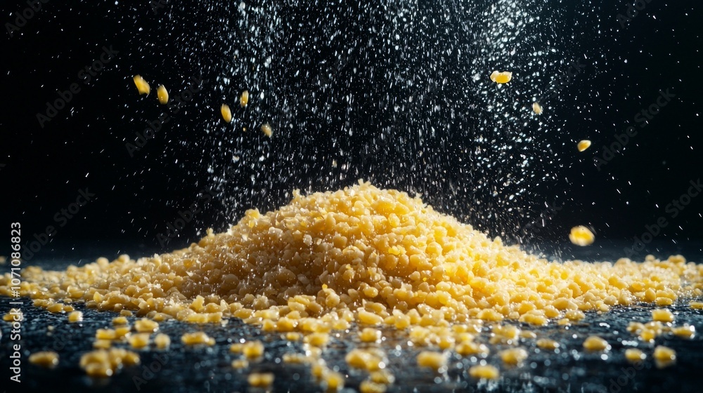 Poster corn grits are suspended water creating dynamic display highlights their distinctive texture and sep