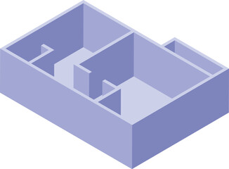 Isometric view of an empty apartment plan showing rooms, walls, and architectural layout