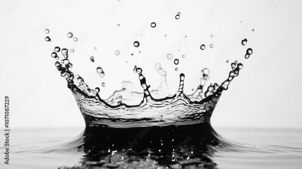 Poster an abstract splash of water with droplets scattering in an artistic pattern, set against a solid whi