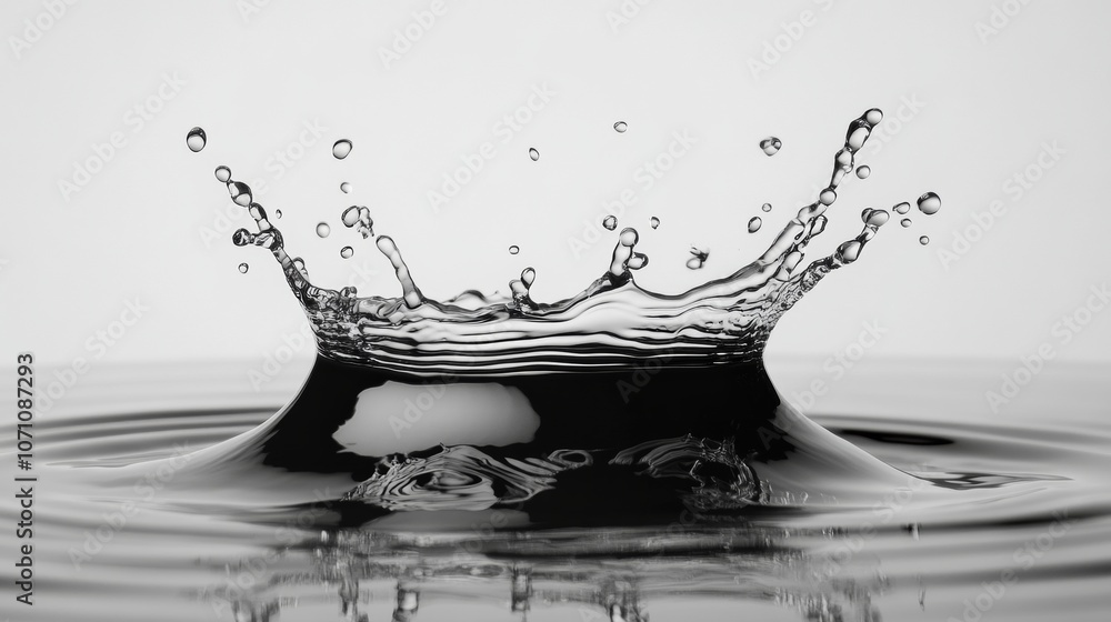 Poster an abstract splash of water with droplets scattering in an artistic pattern, set against a solid whi