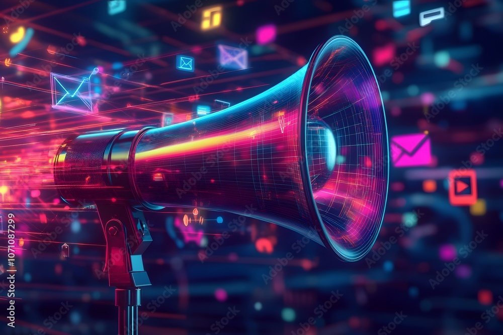 Sticker abstract 3d scene of a megaphone emitting neon streams of digital information, showcasing advanced c