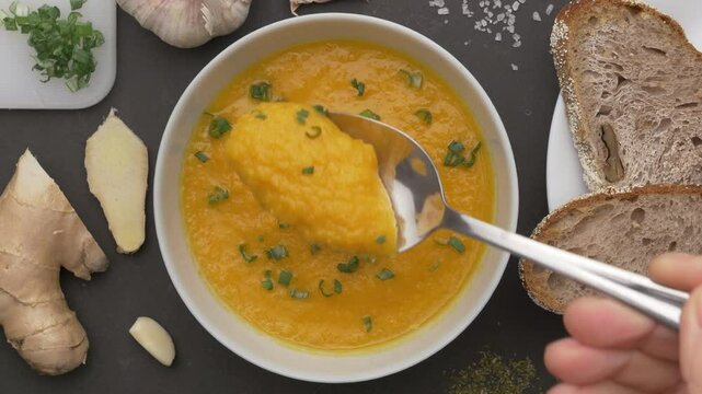 Scooping orange vegetables creme soup decorated with a tablespoon