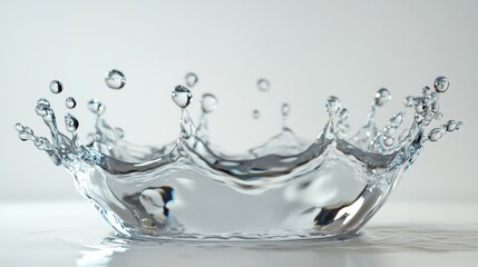 An abstract water splash with droplets spreading in all directions, captured in high detail on a white background, symbolizing energy and motion