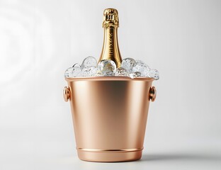 Modern champagne bottle in a luxurious rose gold ice bucket filled with ice, isolated on white background for celebration themes