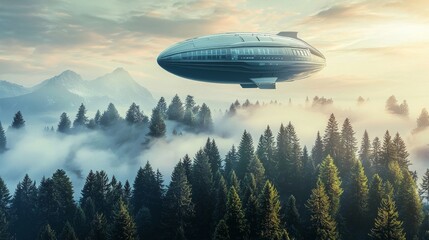 Fototapeta premium breathtaking airship glides gracefully sky casting shadow lush green forest