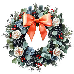 Traditional Christmas Wreath Watercolor with Berries. Perfect for invites, Christmas cards, sublimation designs, wall art.