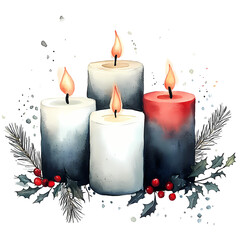Christmas Candles Glowing in Watercolor.  Perfect for invites, Christmas cards, sublimation designs, wall art.