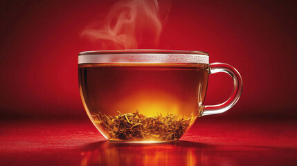  A steaming mug of tea against a red background, with gentle wisps of steam rising, creating a warm and inviting atmosphere