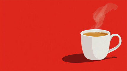 A steaming mug of tea against a red background, with gentle wisps of steam rising, creating a warm and inviting atmosphere