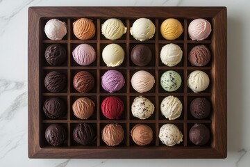 An overhead view of an assortment of ice cream scoops in a variety of flavors in a wooden tray