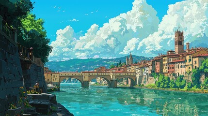 A picturesque view of a historic town with a stone bridge over a river.