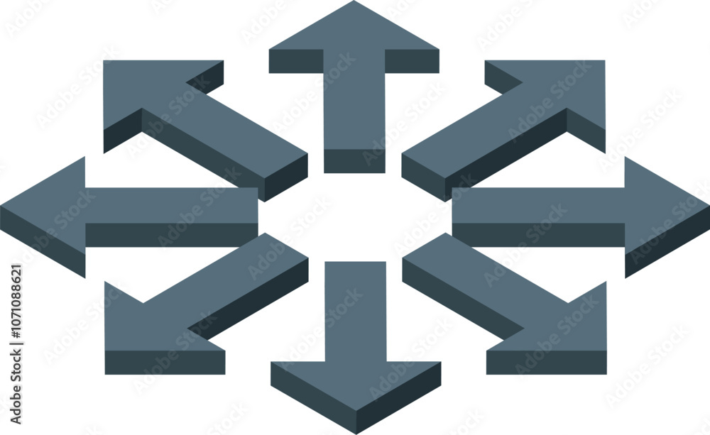 Poster isometric arrows pointing in all directions, symbolizing a decentralized network or distributed syst