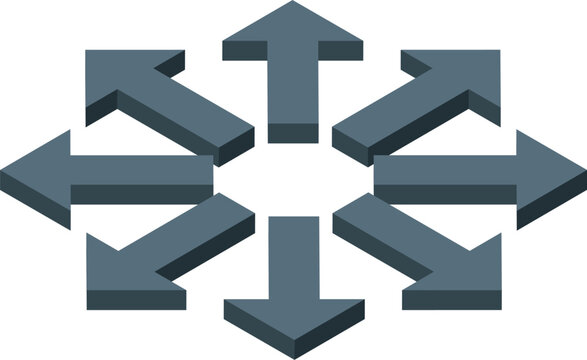Isometric arrows pointing in all directions, symbolizing a decentralized network or distributed system