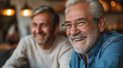 A happy elderly man visiting with a friend and sharing laughs