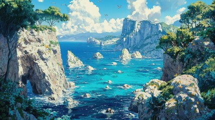 Naklejka premium A picturesque view of a rocky coastline with turquoise water and a bright blue sky.