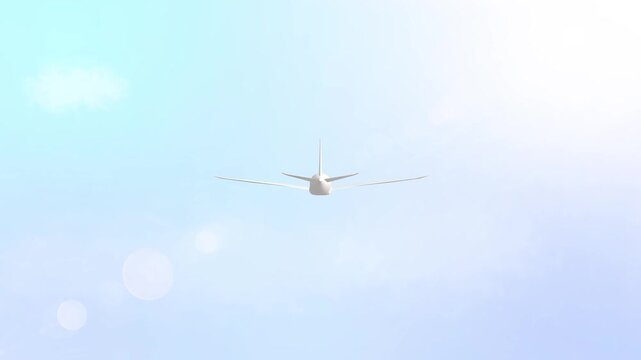 Airplane flying across sky and blue clouds. Transport intro video for holiday or business template