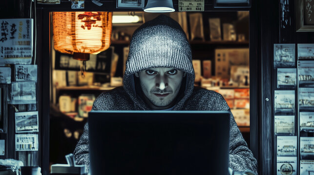 A shadowy figure cloaked in a hoodie, embodying a hacker, with a chaotic swirl of binary code in the background, symbolizing the complex and dangerous digital world of cyber threats