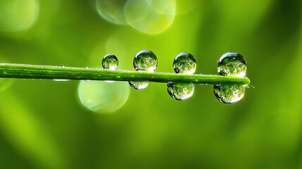   A cluster of dewdrops adorning a verdant stem, set against a hazy backdrop