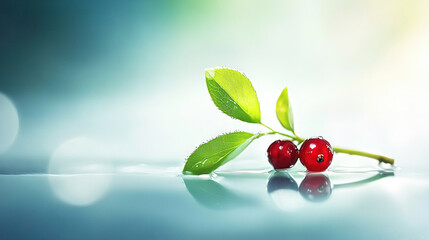Fototapeta premium Two cherries rest atop a table alongside a lush green leaf atop a pane of clear glass