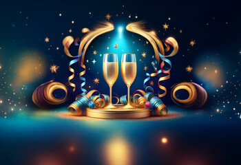 Two champagne flutes stand on a golden platform with festive confetti and streamers in a blue and gold celebratory setting.