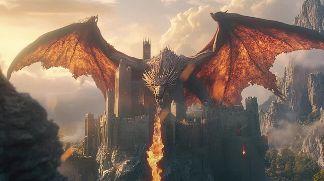 Ferocious dragon breathing fire onto medieval castle in epic fantasy battle scene at night
Seamless looping 4k time-lapse virtual video animation Generated AI
