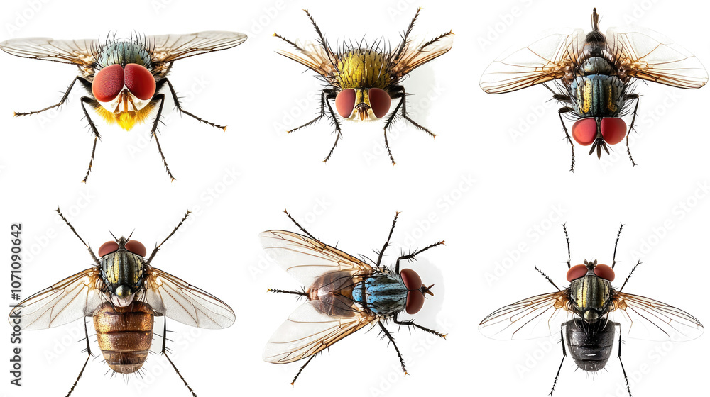 Aufkleber top views of various flies showcasing intricate details and colors generative ai