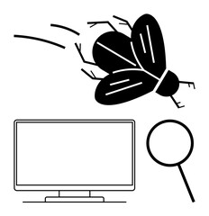 Computer monitor, magnifying glass, and bug in motion representing debugging process, software issues, and problem-solving. Ideal for tech, software development, IT support, error fixing