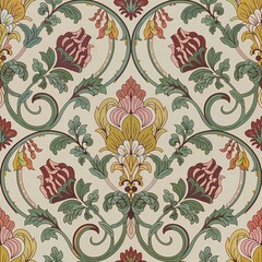 Elegant vintage floral wallpaper design with symmetrical patterns and intricate details, perfect for backgrounds, fabric prints, home decor, and various creative projects