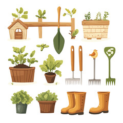 Vibrant Garden Flat Cartoon Set with Vegetables Growing in Rich Soil