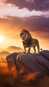 A majestic king lion standing on a tall rock