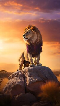 A majestic king lion standing on a tall rock