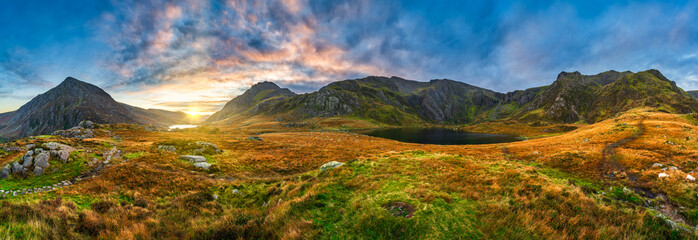Sunrise view of Ogwen valley with Pen yr Ole Wen and Tryfan peaks in Snowdonia, North Wales. UK