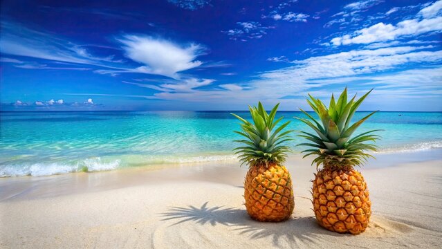Two vibrant pineapples on a sandy beach with crystal clear waters and blue sky , tropical, ripe, exotic, beach, turquoise, paradise