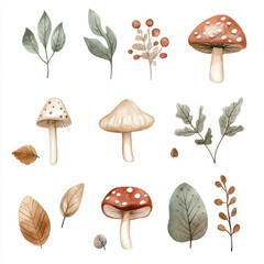 Whimsical watercolor woodland foliage featuring various mushrooms, leaves, and berries. This charming illustration captures beauty of nature with soft colors and delicate details