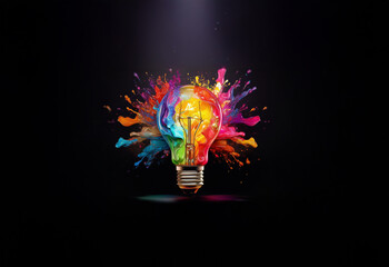 A lightbulb glowing with a yellow light surrounded by colorful paint splatters on a black background.