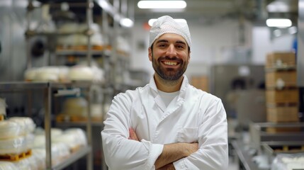 Fototapeta premium Portrait of a successful head chef wearing a sterile uniform with his arms crossed while smiling at the camera in the kitchen background.