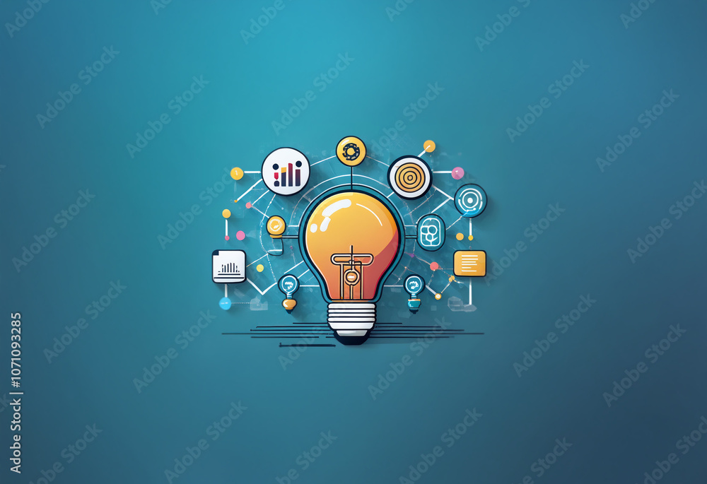 Poster a lightbulb glows, symbolizing an idea surrounded by various icons representing different aspects of