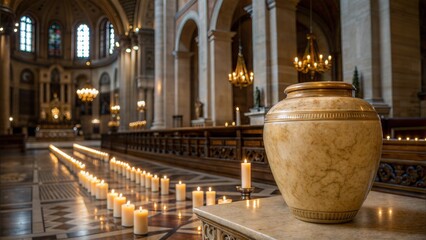 Fototapeta premium Golden funeral urn against church interior with burning candles