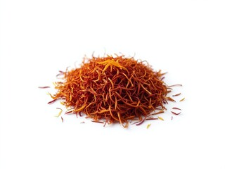 Fototapeta premium Vibrant Orange-Red Saffron Threads Isolated on White Background Showcasing Delicate Texture and Fine Structure