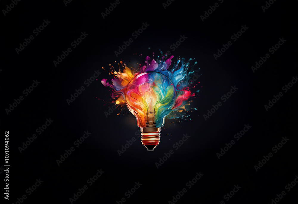 Poster a lightbulb explodes with colorful liquid, symbolizing creativity and innovation.