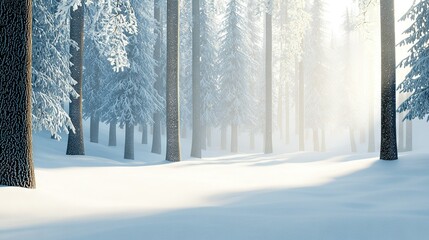 Fototapeta premium Snow-covered forest with numerous trees in the foreground and sunlight filtering through them in the background