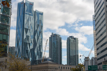 Fototapeta premium an overcast view of downtown Toronto, Canada (CIBC Square towers and condominium complex)