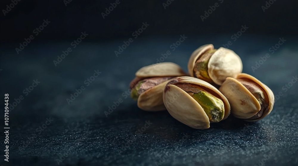 Poster group pistachios placed dark surface illuminated soft low key lighting emphasizes their unique shapes and rich colors creating striking visual contrast.