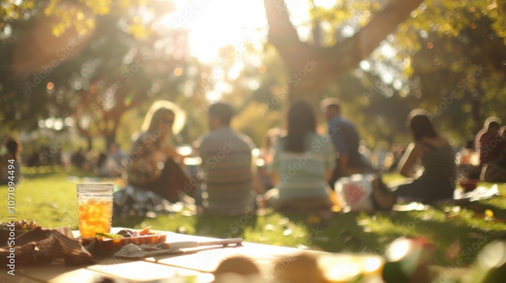Poster a hazy glimpse of a park picnic with a diverse group of people mingling and enjoying a shared meal.